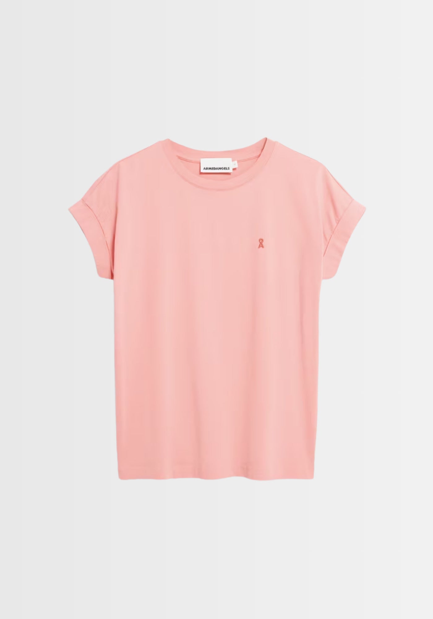 Freigestelltes T-Shirt in hellem Rosa, aus leichter Bio-Baumwolle, mit lockerer Passform und rundem Halsausschnitt – perfekt als Basic-Teil.