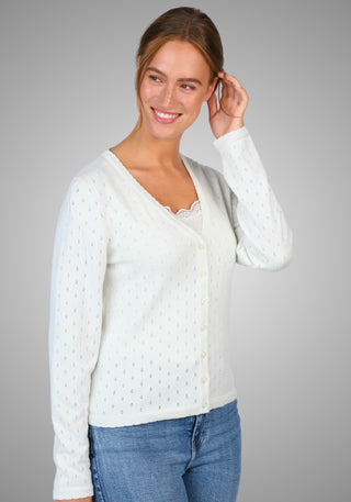 Leichte Damenstrickjacke mit zartem Ajourmuster, langem Ärmel und normaler Passform, perfekt für elegante Alltags- und Ausgeh-Looks.