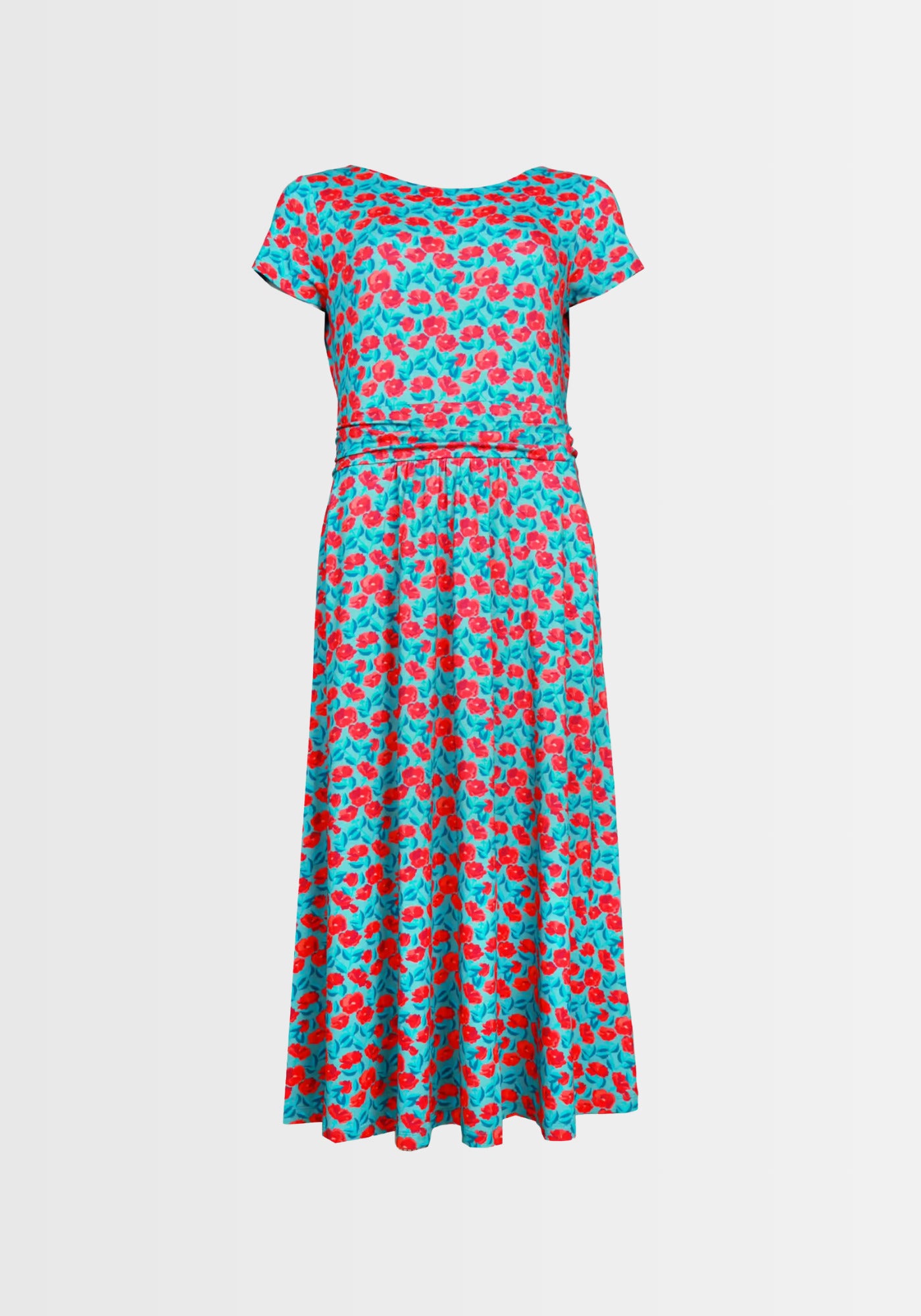 Detailansicht des floralen Prints in Türkis und Rosa mit dezentem Glanz. Die raffinierte Raffung im Rockteil und der nachhaltige Viskose-Elasthan-Mix verleihen dem Kleid eine bezaubernde Leichtigkeit.