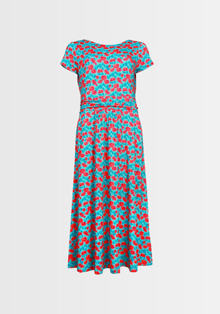 Detailansicht des floralen Prints in Türkis und Rosa mit dezentem Glanz. Die raffinierte Raffung im Rockteil und der nachhaltige Viskose-Elasthan-Mix verleihen dem Kleid eine bezaubernde Leichtigkeit.