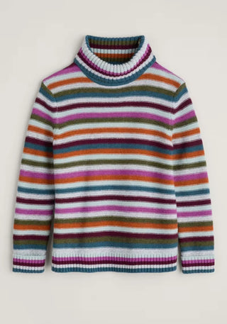 Warmer Damenpullover mit lebhaften Multicolor-Streifen, gestrickt im Reverse-Jersey-Stil, aus 80% Wolle und 20% recyceltem Nylon.