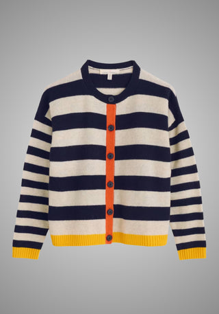 Weicher, mittelgewichtiger Cardigan aus 80% Lammwolle und 20% recyceltem Nylon mit auffälligen Streifen und rundem Ausschnitt.