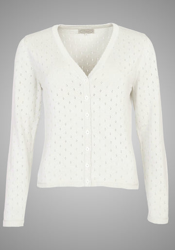 Fein gearbeitete Ajour-Strickjacke in Elfenbeinfarbe aus Baumwolle-Modal, mit Knopfleiste und V-Ausschnitt für einen femininen Style.