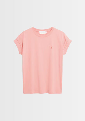 Freigestelltes T-Shirt in hellem Rosa, aus leichter Bio-Baumwolle, mit lockerer Passform und rundem Halsausschnitt – perfekt als Basic-Teil.