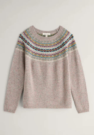 Gemütlicher Strickpullover aus Lammwoll-Mix mit traditionellem Fair-Isle-Muster in lebendigen Farben, perfekt für kalte Tage.