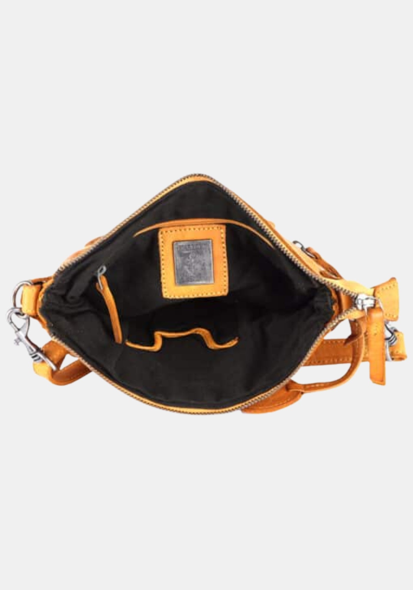 Geöffnete Tasche Isalie Harbour 2nd präsentiert aus gewaschenem Rindleder | oriental mustard | handgefertigt | Innenansicht