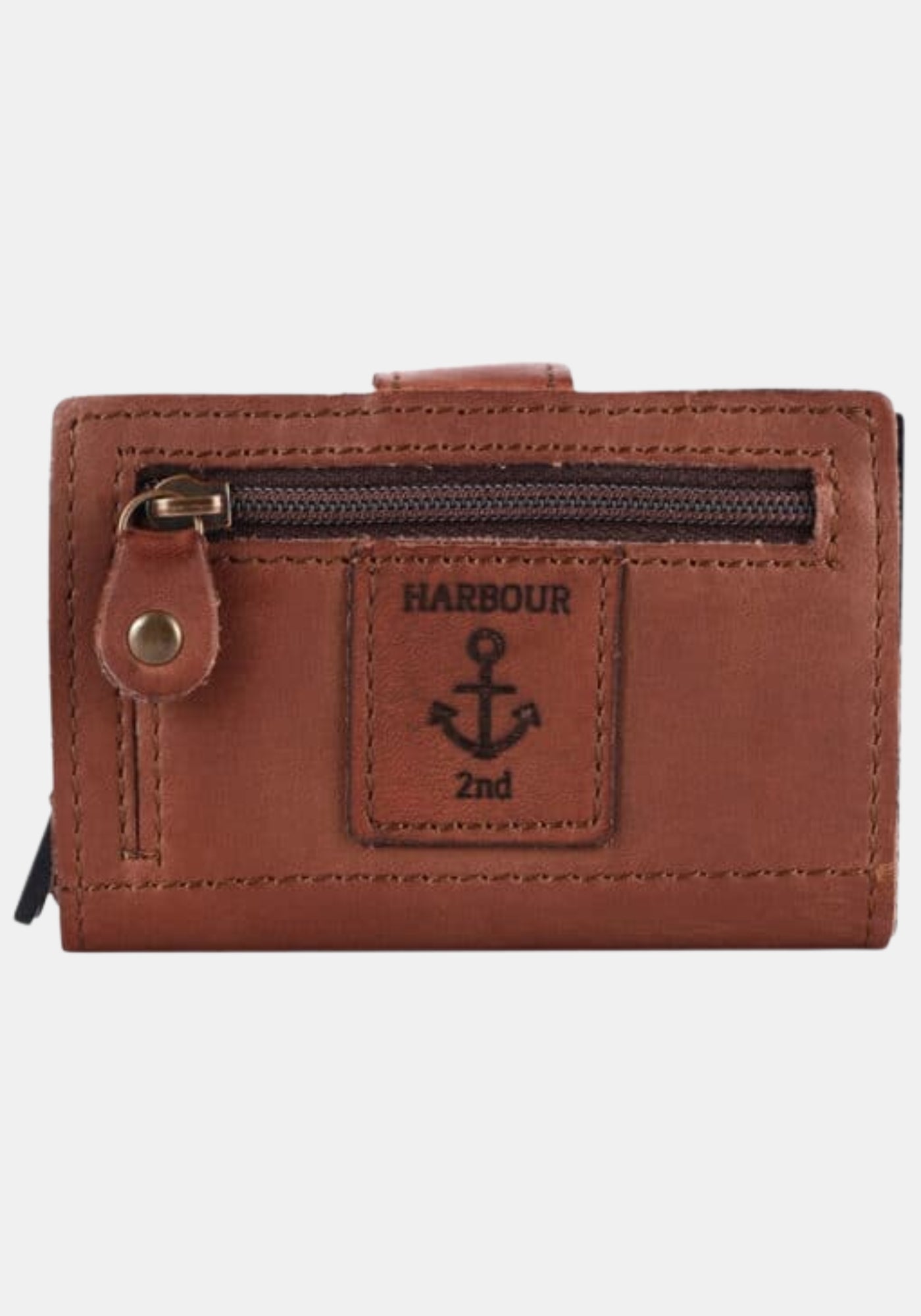 Rückseite der geschlossenen Geldbörse Robin 2 in Charming Cognac mit Reißverschluss‑Münzfach und geprägtem Harbour 2nd-Logo