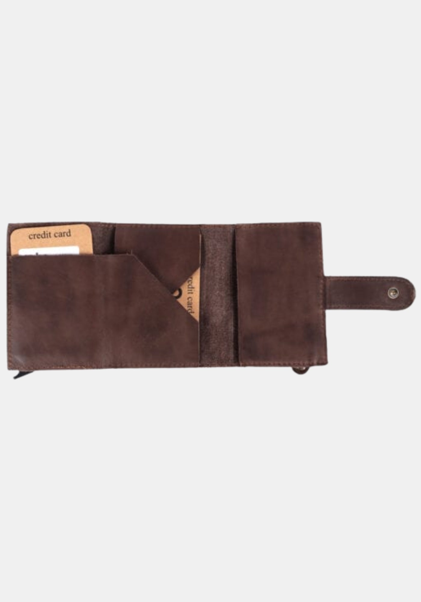 Geöffnete Harbour 2nd Geldbörse Robin 2 in Chocolate Brown – Innenansicht mit diagonaler Stecktasche und mehreren Kartenfächern