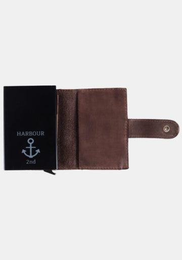 Geöffnete Harbour 2nd Geldbörse Robin 2 in Chocolate Brown – Kartenauszugssystem mit schwarzem Kartenblock und geschlossener Scheinfachklappe