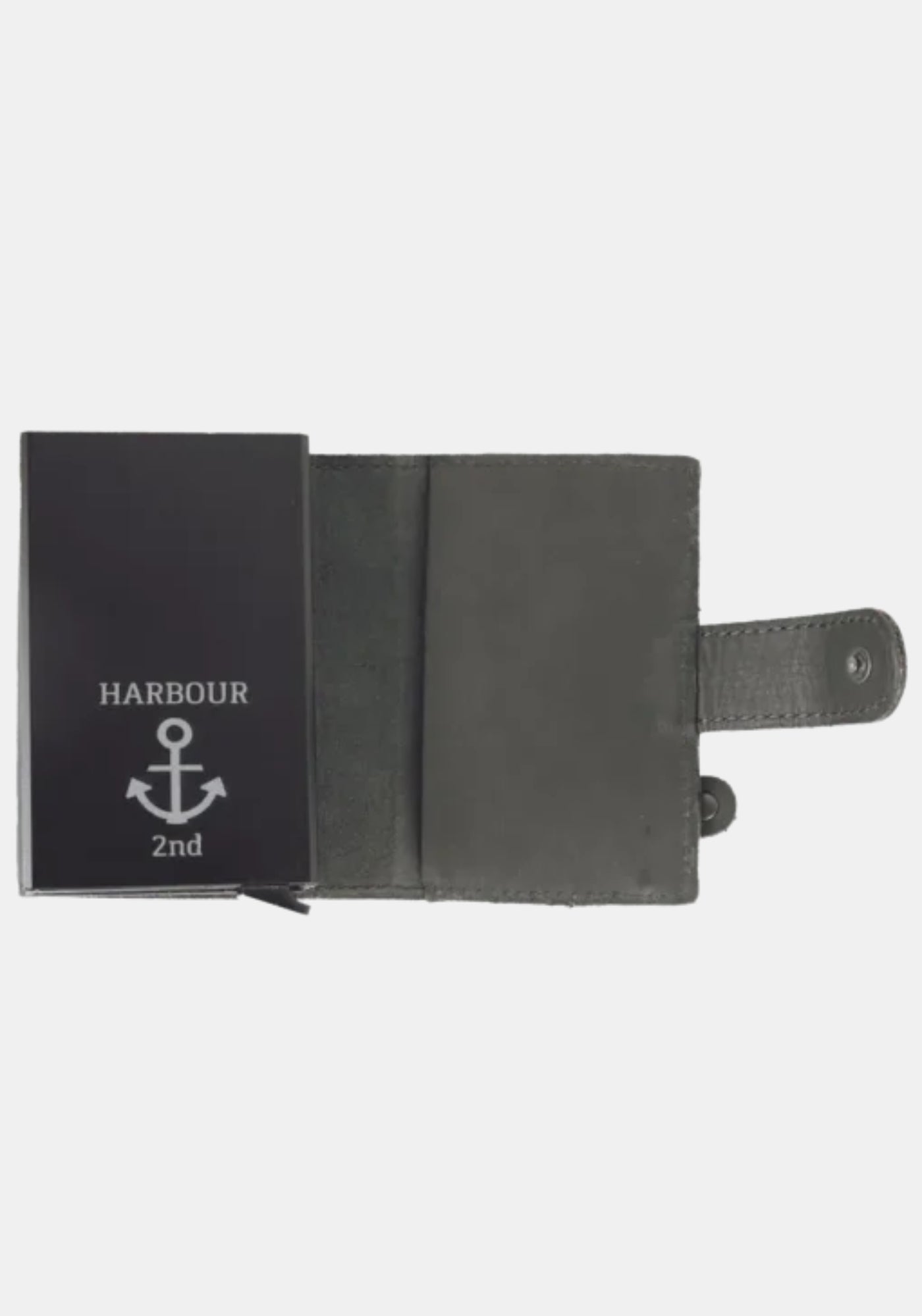 Geöffnete Harbour 2nd Geldbörse Robin 2 in Forest Green – Innenansicht mit ausgezogener Kartenhaltermechanik und Scheinfach